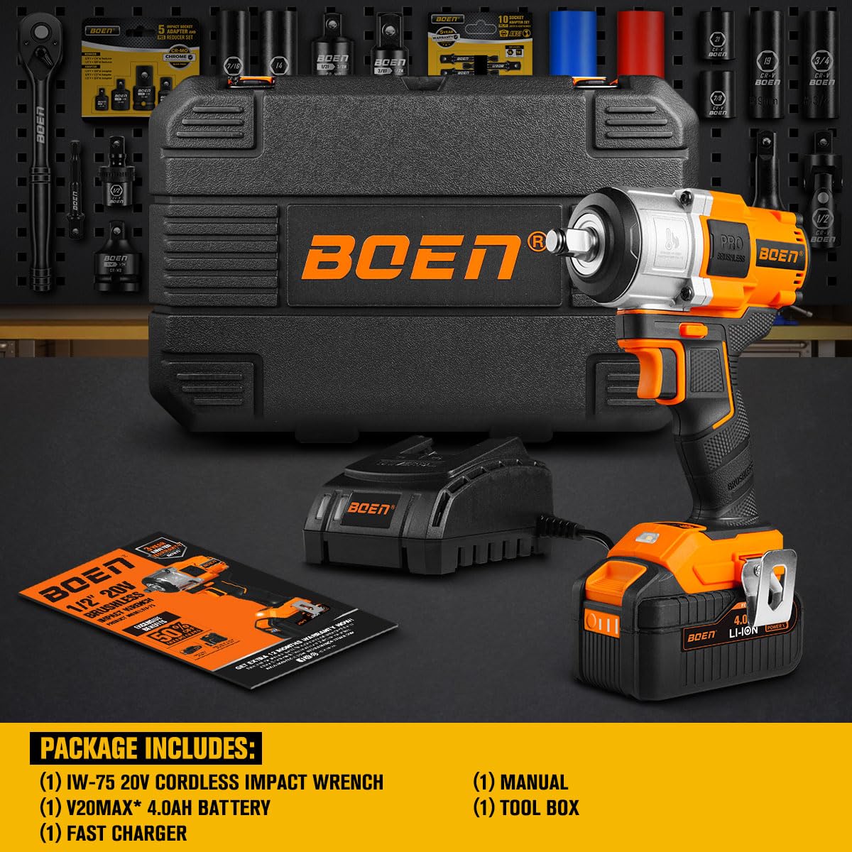 boen 1PCS 1/2" 4.0Ah Battery + 600FT - LBS(800N.m) Cordless Impact Wrench - BOEN