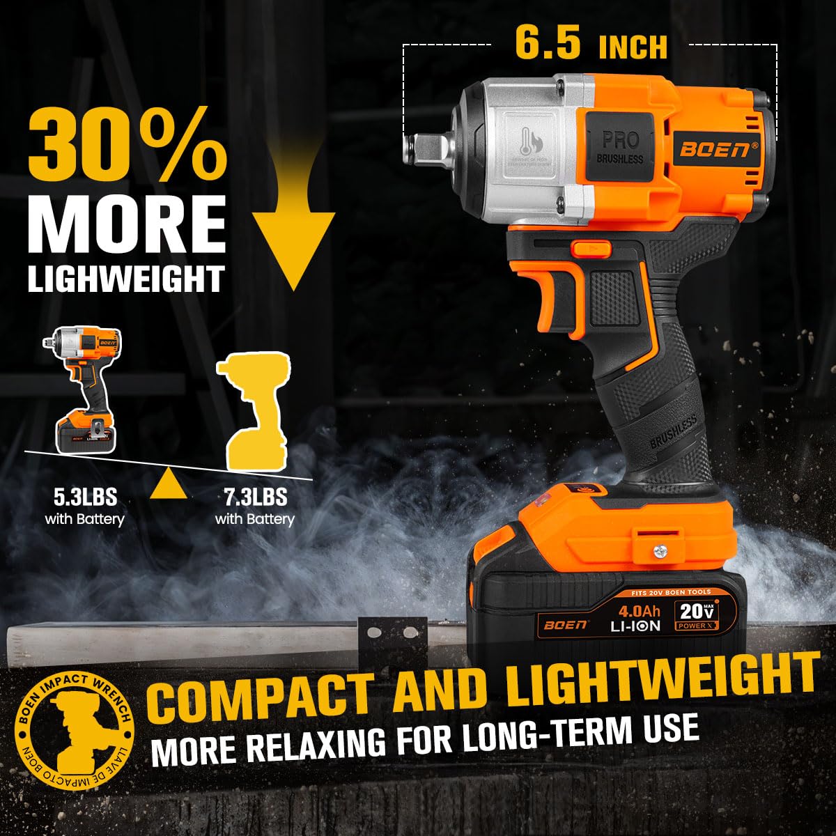 boen 1PCS 1/2" 4.0Ah Battery + 600FT - LBS(800N.m) Cordless Impact Wrench - BOEN