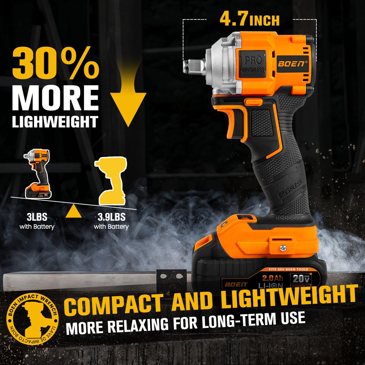 boen 1PCS 2.0Ah Battery + 260FT - LBS(350N.m) Cordless Impact Wrench - BOEN