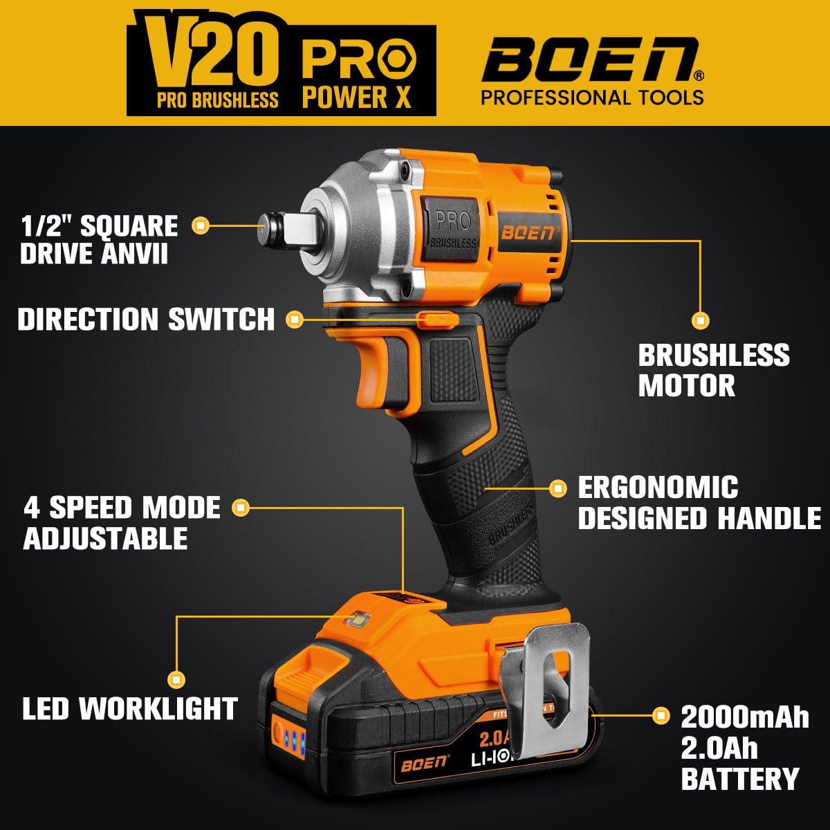 boen 1PCS 2.0Ah Battery + 260FT - LBS(350N.m) Cordless Impact Wrench - BOEN