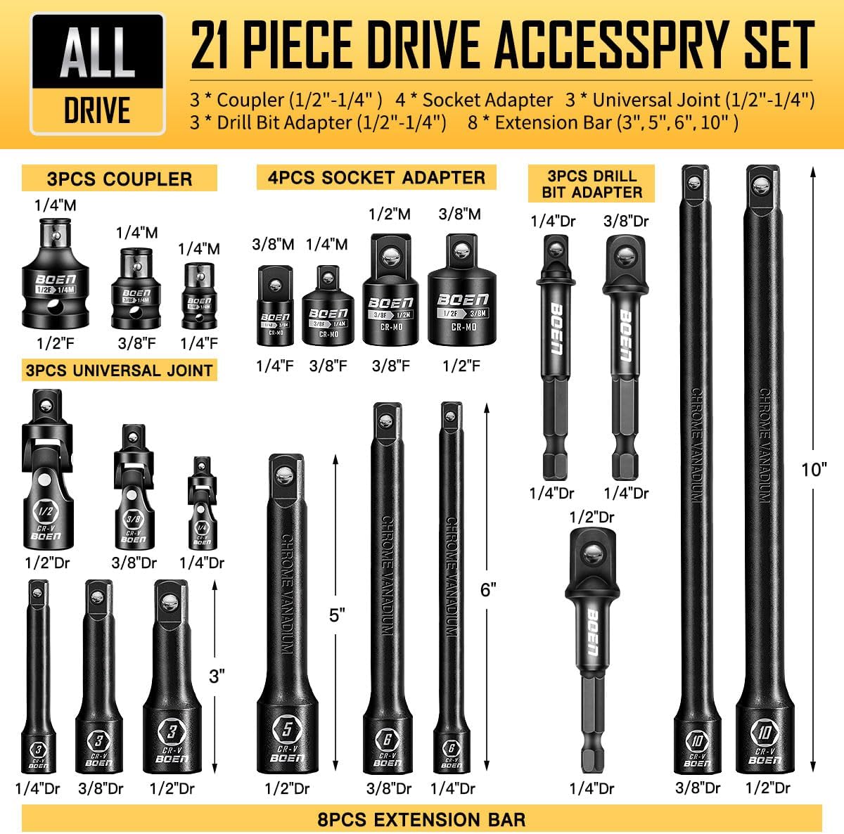 BOEN 21 Piece 1/4" & 3/8" & 1/2" Drive Tool Accessory Set - BOEN