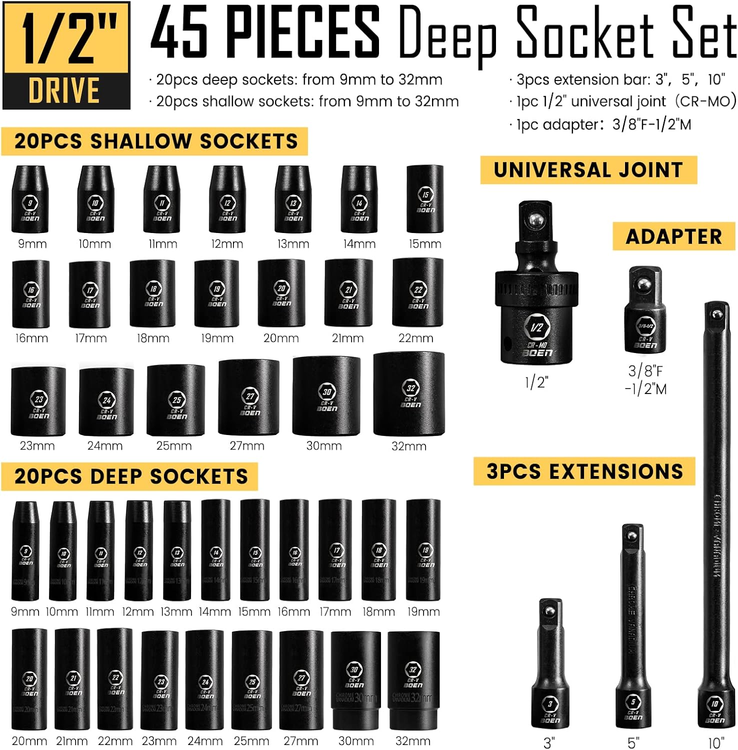 BOEN 53 Piece Impact Socket & Adapter Set - BOEN