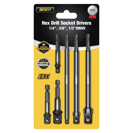 BOEN 6 - Piece Impact Socket Adapter Set, 3 - Inch & 6 - Inch Hex Shank Extension Bit, 1/4", 3/8", and 1/2" Drive - BOEN