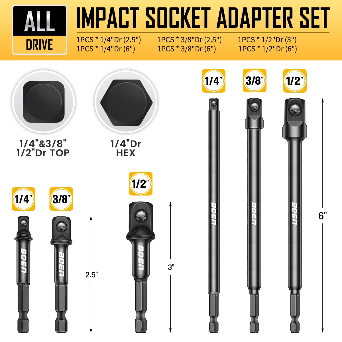 BOEN 6 - Piece Impact Socket Adapter Set, 3 - Inch & 6 - Inch Hex Shank Extension Bit, 1/4", 3/8", and 1/2" Drive - BOEN
