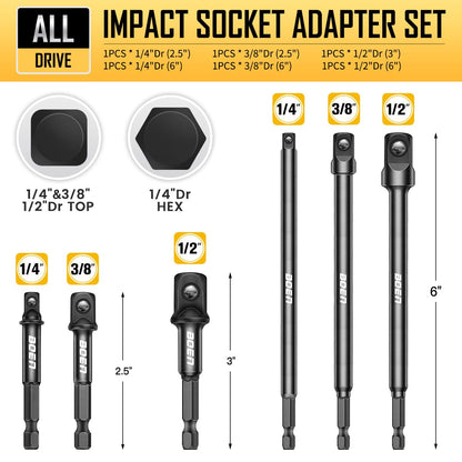 BOEN 6 - Piece Impact Socket Adapter Set, 3 - Inch & 6 - Inch Hex Shank Extension Bit, 1/4", 3/8", and 1/2" Drive - BOEN