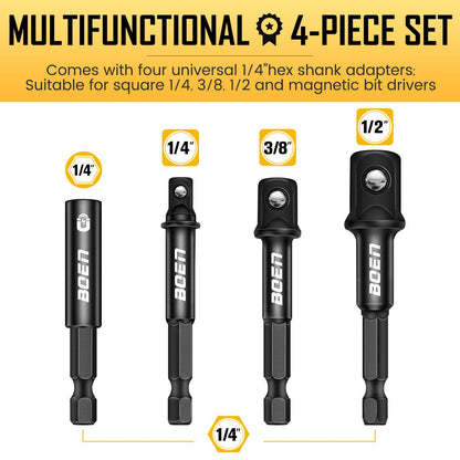 BOEN Impact Socket Adapter & Magnetic Bit Holder | 4 Pieces of 1/4 - Inch Hex Shank Extension to 1/4", 3/8", and 1/2" Drive - BOEN