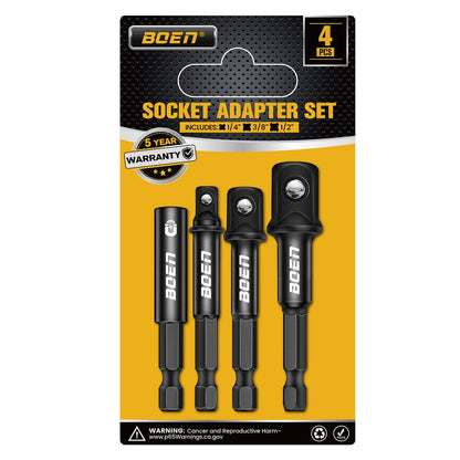 BOEN Impact Socket Adapter & Magnetic Bit Holder | 4 Pieces of 1/4 - Inch Hex Shank Extension to 1/4", 3/8", and 1/2" Drive - BOEN