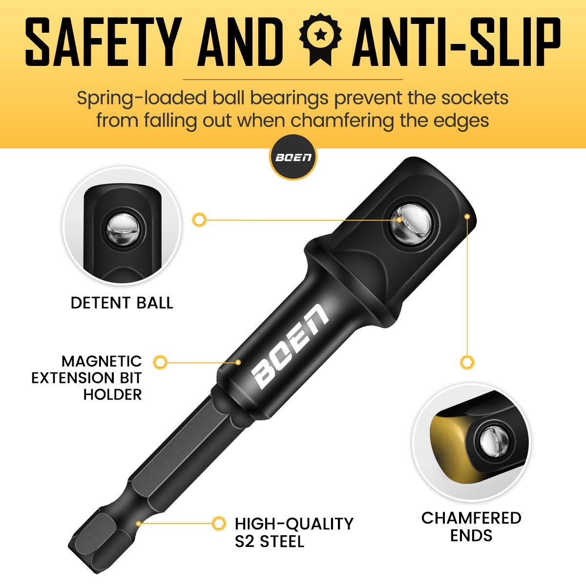 BOEN Impact Socket Adapter & Magnetic Bit Holder | 4 Pieces of 1/4 - Inch Hex Shank Extension to 1/4", 3/8", and 1/2" Drive - BOEN