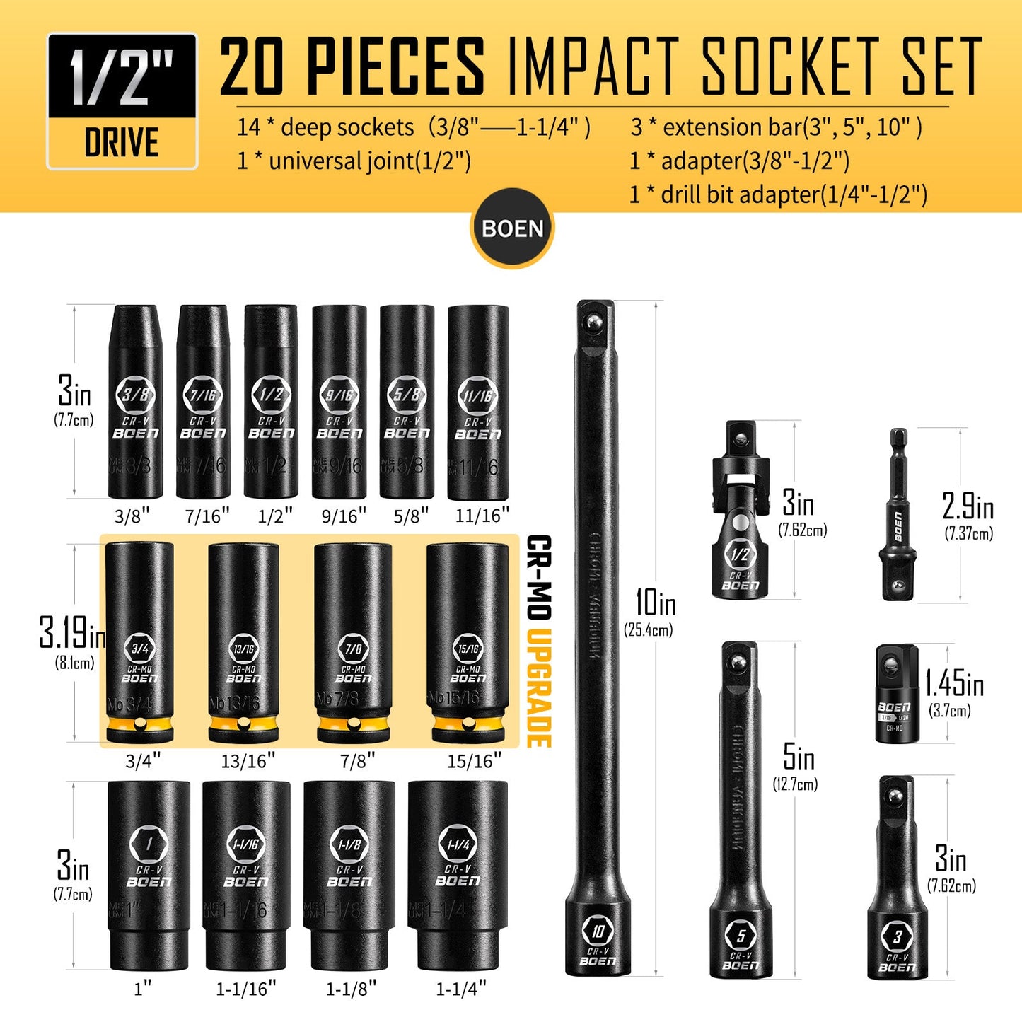 BOEN Pro 20 - Piece 1/2" Drive Deep Impact SAE Socket Set - BOEN