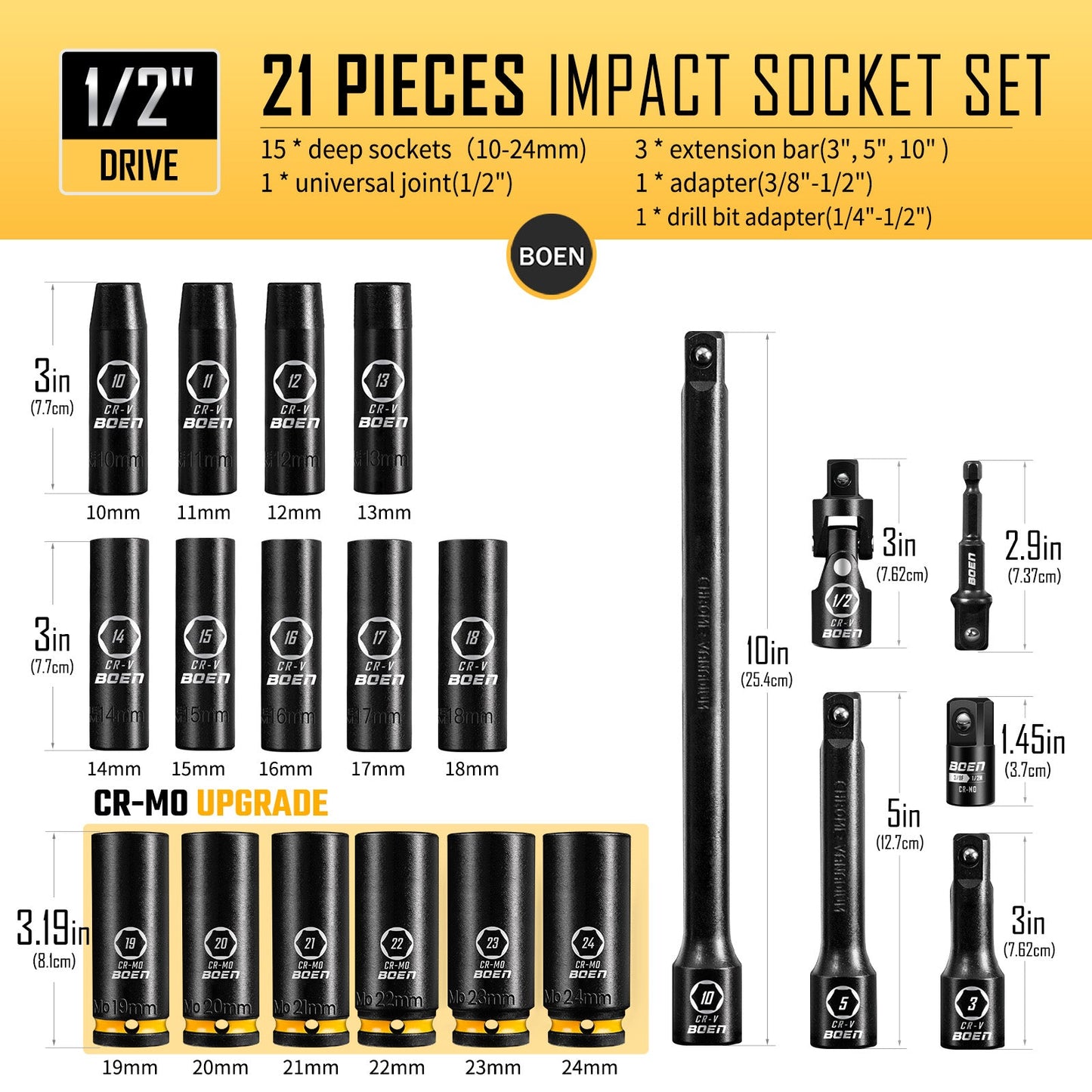 BOEN Pro21 - Piece 1/2" Drive Metric Deep Impact Socket Set - BOEN