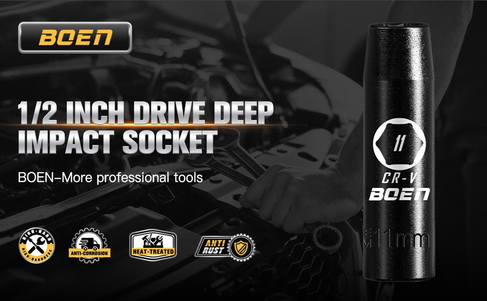 BOEN Tools 1/2" Drive 11mm Metric Deep Sockets - BOEN