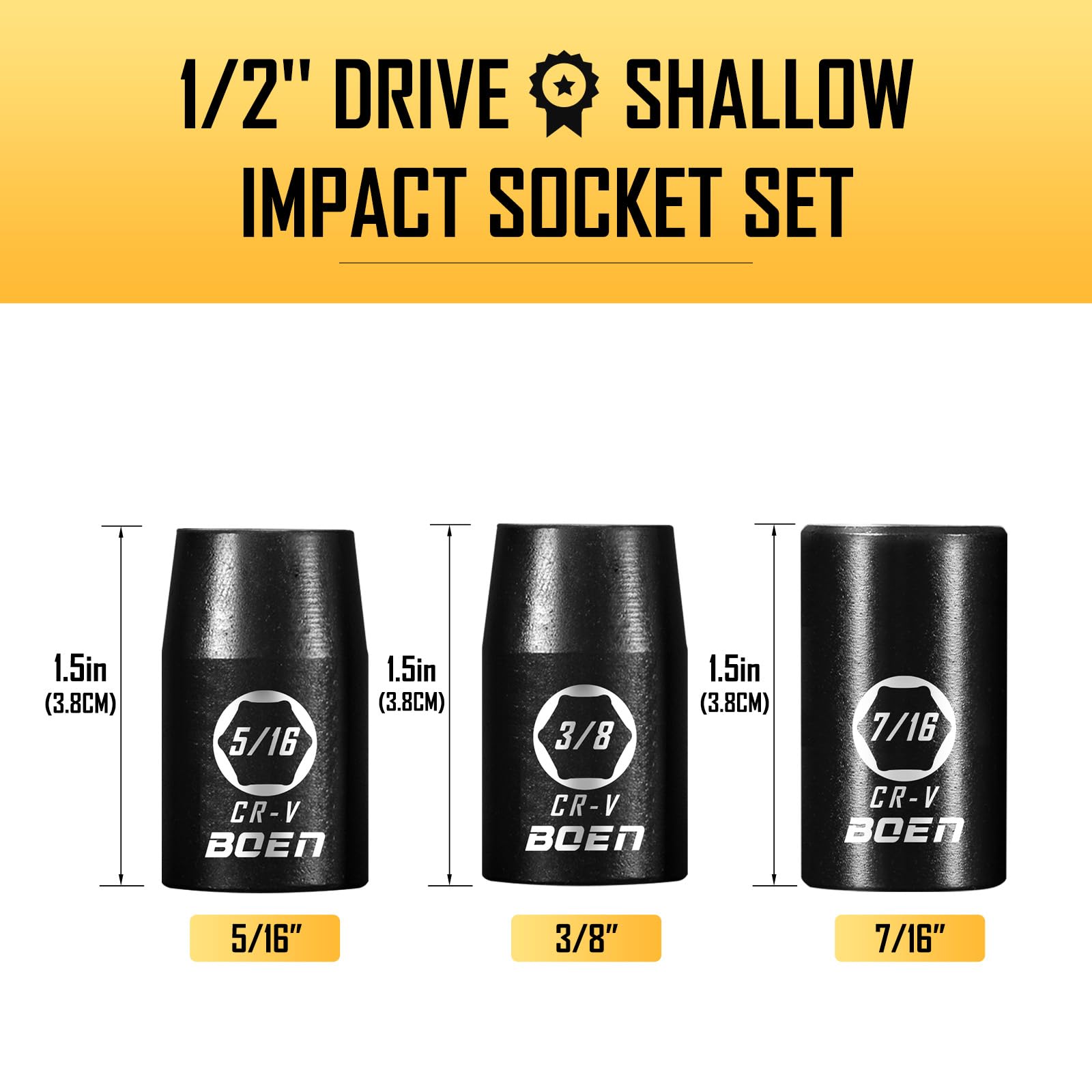 BOEN Tools 1/2" Drive 5/16''3/8''7/16''Inch Shallow SAE Sockets - BOEN