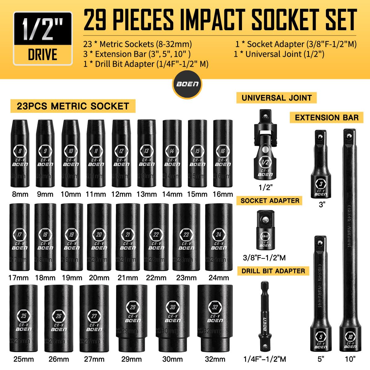 BOENTools 1/2" Dr Impact Deep Socket Metric - 29Pcs - BOEN