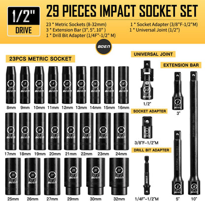 BOENTools 1/2" Dr Impact Deep Socket Metric - 29Pcs - BOEN