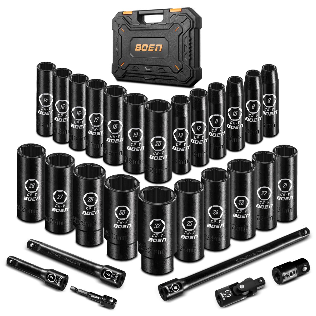 BOENTools 1/2" Dr Impact Deep Socket Metric - 29Pcs - BOEN