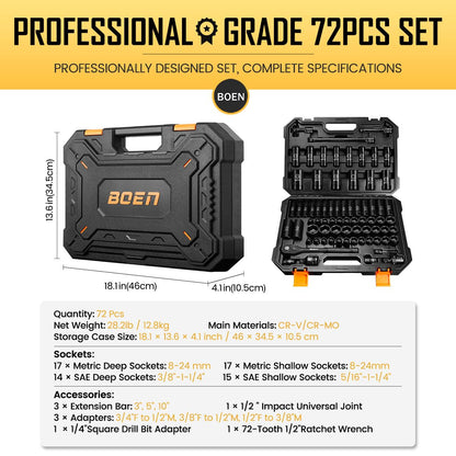 BoenTools 1/2" Drive Impact Ratchet Socket set 72 Piece - BOEN