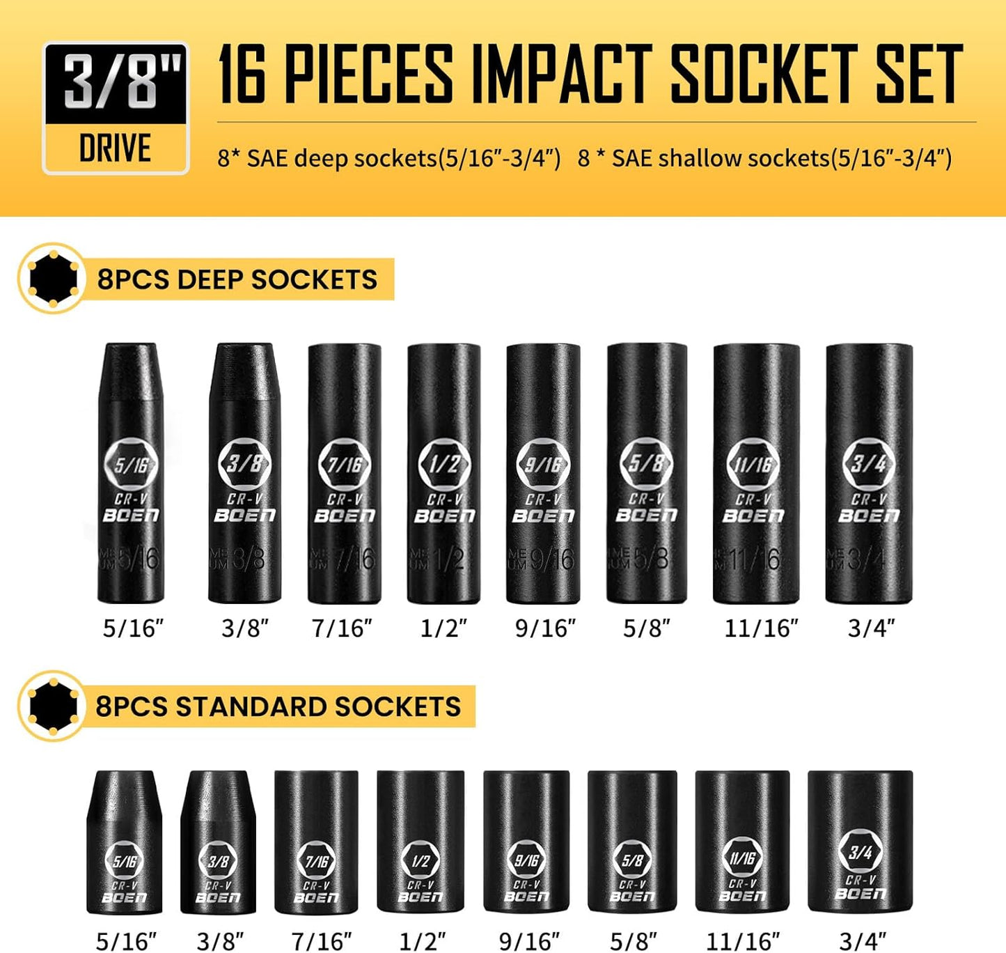 BoenTools 3/8" Drive Standard SAE Impact Ratchet Socket set 57 - Piece - BOEN