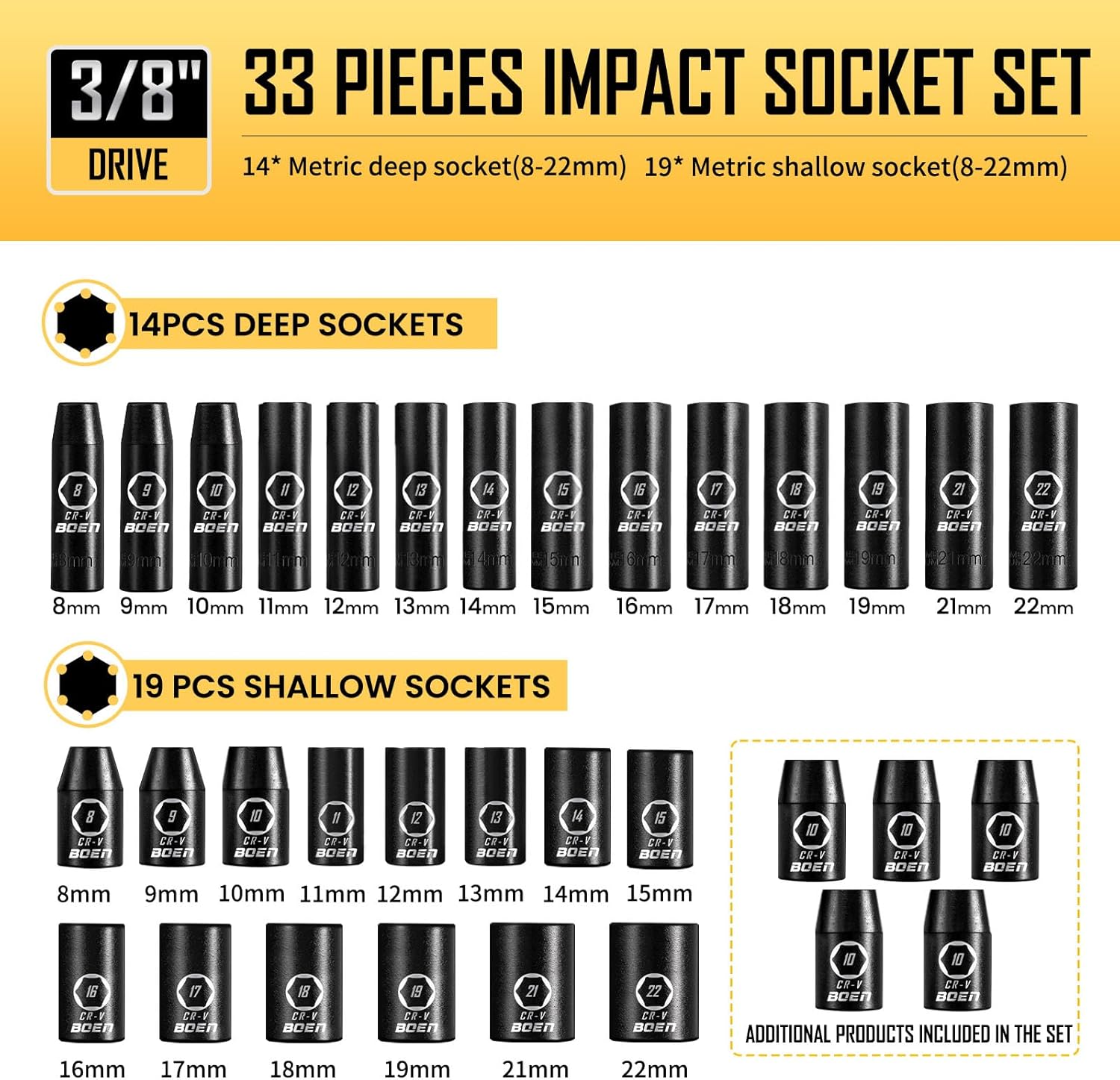 BoenTools 3/8" Drive Standard SAE Impact Ratchet Socket set 57 - Piece - BOEN