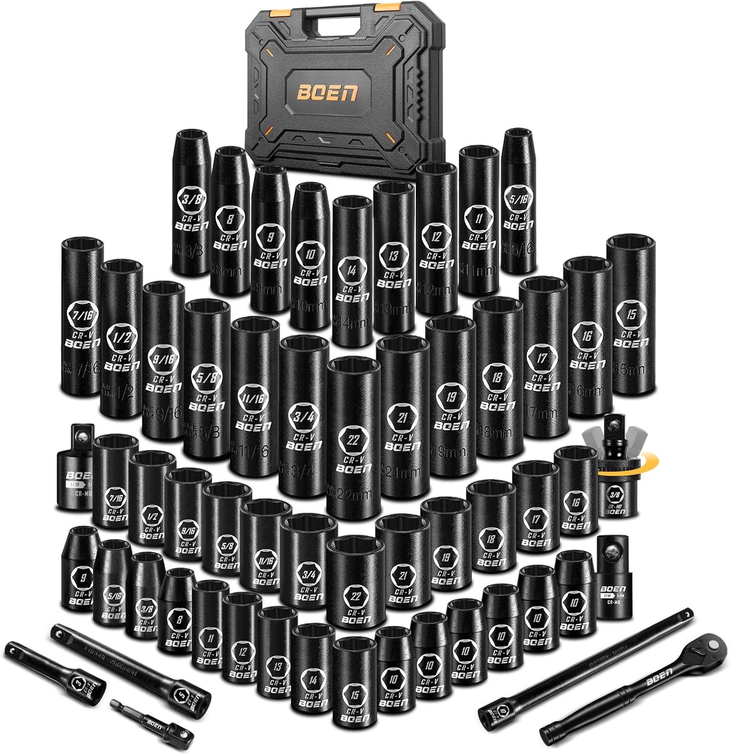 BoenTools 3/8" Drive Standard SAE Impact Ratchet Socket set 57 - Piece - BOEN