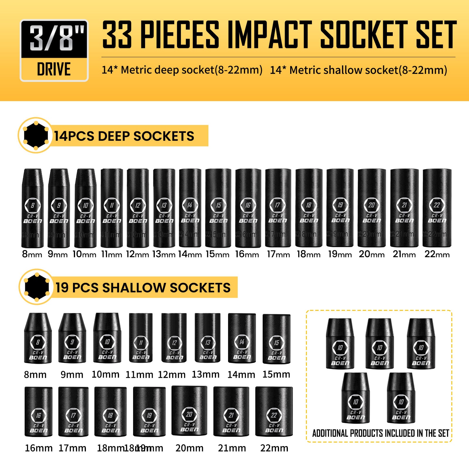 BoenTools 3/8" Drive Standard SAE Impact Ratchet Socket set 57 - Piece - BOEN