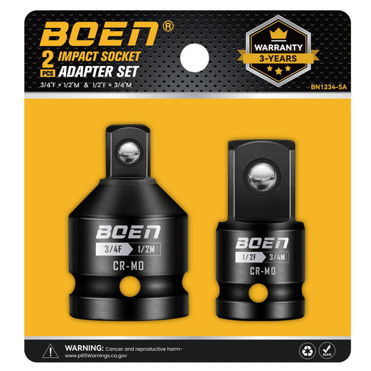boen 2-Pieces Impact Socket Adapter and Reducer Set, 1/2"F to 3/4"M Adapter & 3/4"F to 1/2"M Reducer, Standard Square Driver & Wrench Conversion Kit, CR-MO Steel