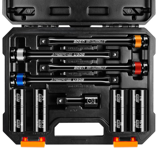 boen 9PCS 1/2" Drive Impact Flip Lug Nut Socket And Torque Limiting Extension Bar Set, 8" Long Impact Torque Sticks, Metric & SAE Double-Sided Sockets, 3" Extension Bar & Storage Case