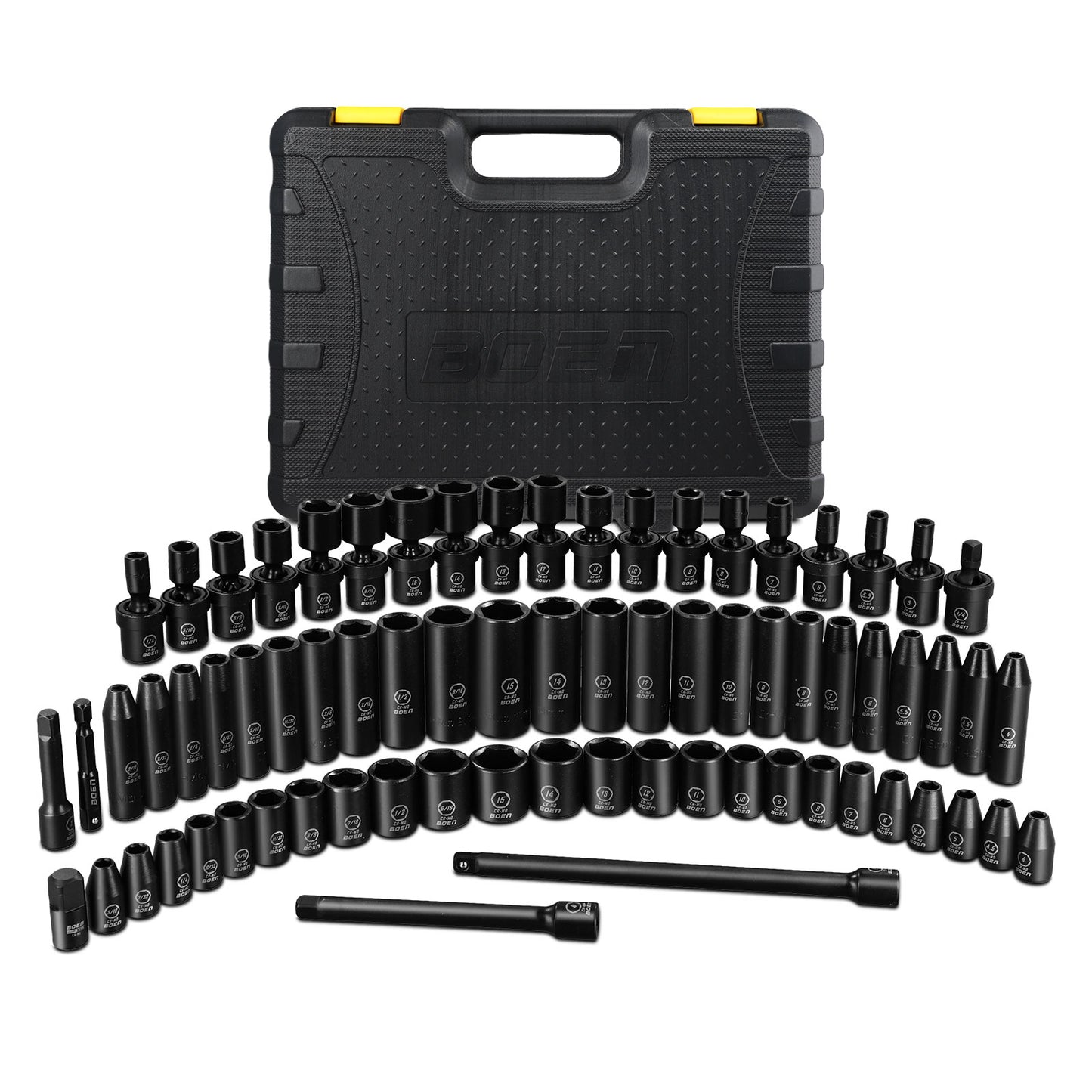 Boen Impact Socket Set 1/4 Inch Drive 72-Piece, 6-Point SAE(3/16-9/16 inch) and Metric (4-15mm) Sizes, Deep & Shallow Kit Includes Swivel Sockets, Extension Bar, Adapters & Universal Joint, CR-MO