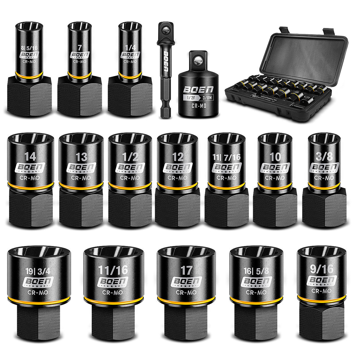 BOEN Impact Bolt Extractor Kit 3/8 Inch Drive, 17-Piece Easy Out Lug Nut Exactor set For Damaged, Frozen, Studs, Rusted, Rounded-Off Bolts, Include Impact Reducer and Drill Bit Adapter, Cr-Mo Steel