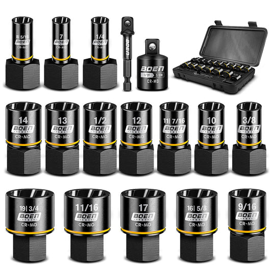BOEN Impact Bolt Extractor Kit 3/8 Inch Drive, 17-Piece Easy Out Lug Nut Exactor set For Damaged, Frozen, Studs, Rusted, Rounded-Off Bolts, Include Impact Reducer and Drill Bit Adapter, Cr-Mo Steel
