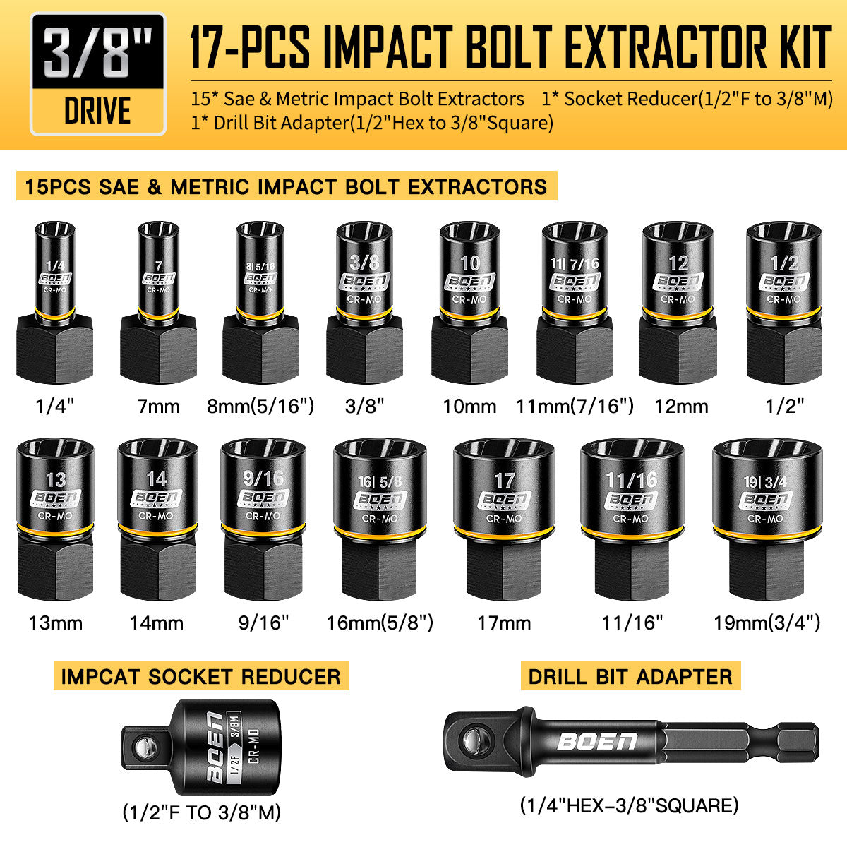 BOEN Impact Bolt Extractor Kit 3/8 Inch Drive, 17-Piece Easy Out Lug Nut Exactor set For Damaged, Frozen, Studs, Rusted, Rounded-Off Bolts, Include Impact Reducer and Drill Bit Adapter, Cr-Mo Steel