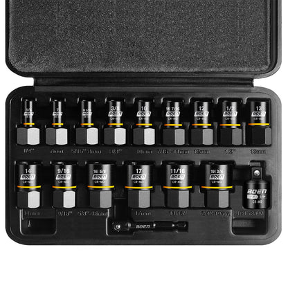 BOEN Impact Bolt Extractor Kit 3/8 Inch Drive, 17-Piece Easy Out Lug Nut Exactor set For Damaged, Frozen, Studs, Rusted, Rounded-Off Bolts, Include Impact Reducer and Drill Bit Adapter, Cr-Mo Steel