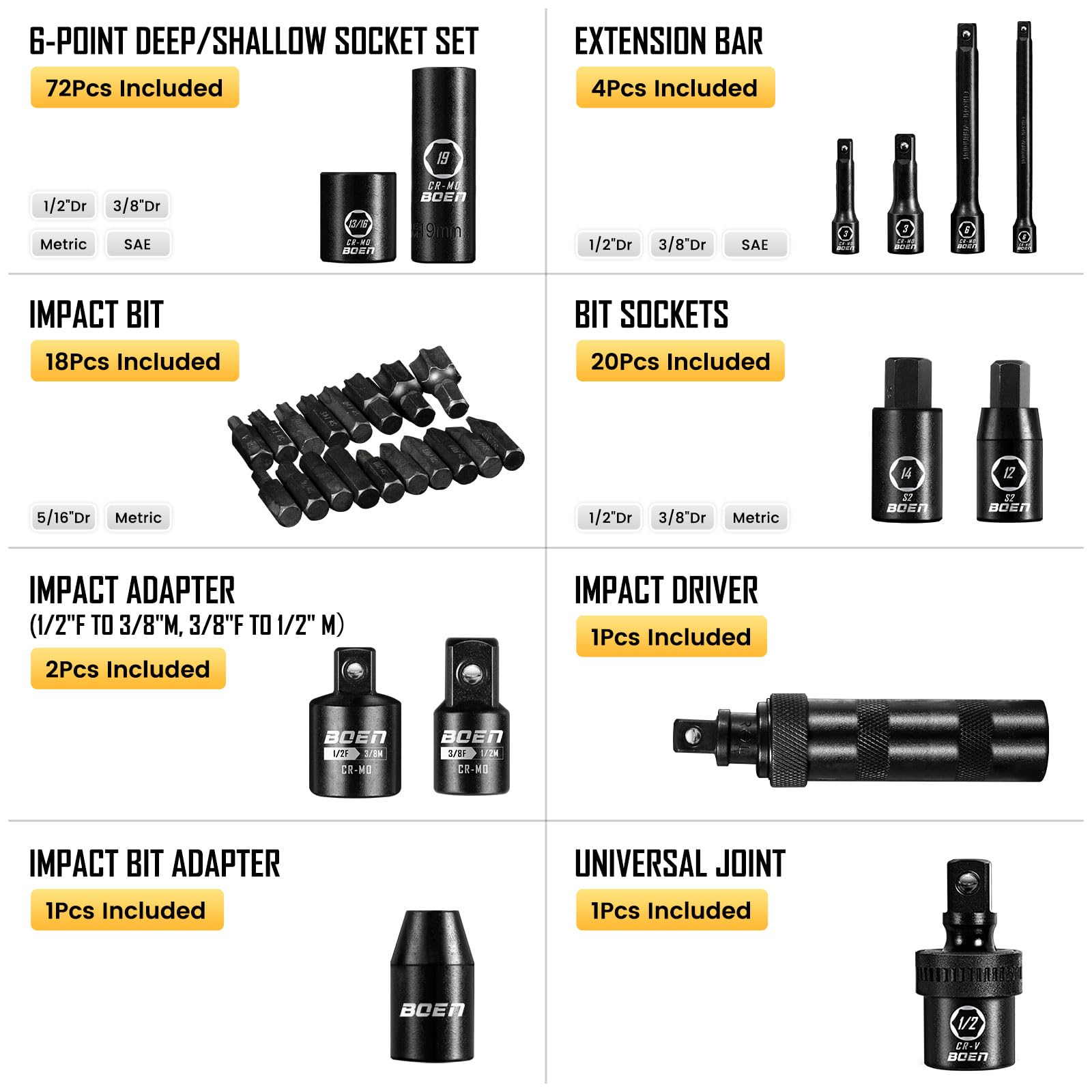 BOEN Tools 1/2" & 3/8" Deep Impact Socket Set Cr-MO -119 Pcs - BOEN