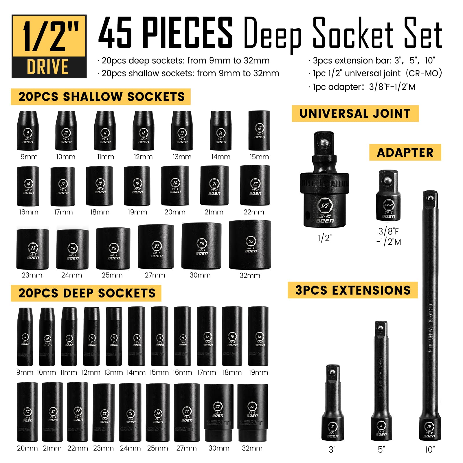 BOEN Tools 1/2" Dr Impact Sockets Set Deep & Shallow Metric-45pcs - BOEN