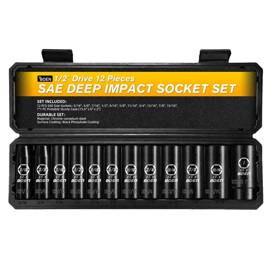 BOEN Tools 1/2" Drive Deep Impact Socket Set SAE-12Pcs - BOEN