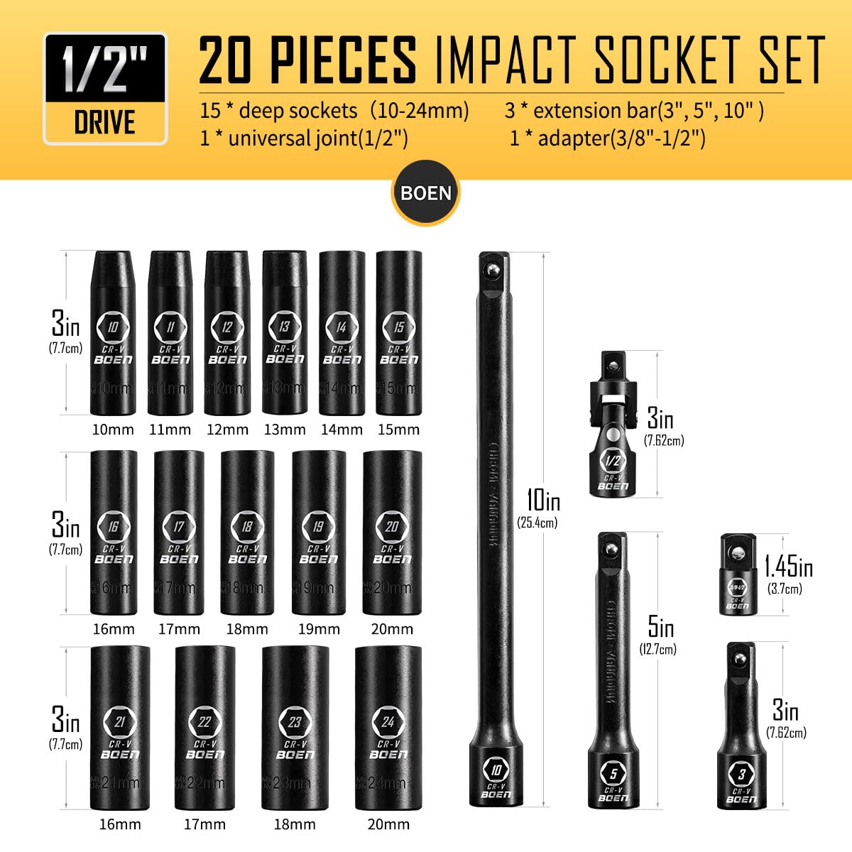 BOEN Tools 1/2" Drive Impact Metric Socket Set - 20Pcs - BOEN