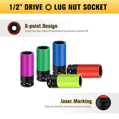 BOEN Tools 1/2" Drive Non-Marring Lug Nut Thin Wall Deep Socket Set - BOEN