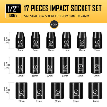 BOEN Tools 1/2" Drive Shallow Impact Socket Set Metric - 17 Pcs - BOEN