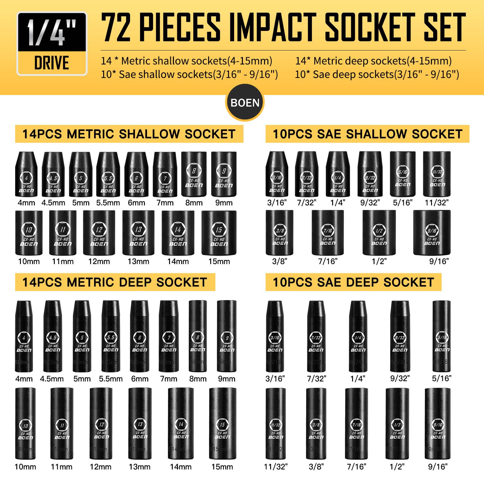 BOEN Tools 1/4 Inch Deep & Shallow Impact Socket Set -72Pcs - BOEN