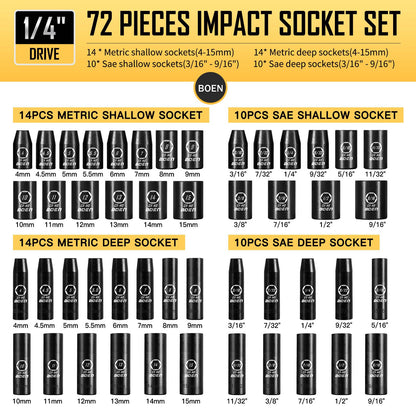 BOEN Tools 1/4 Inch Deep & Shallow Impact Socket Set -72Pcs - BOEN