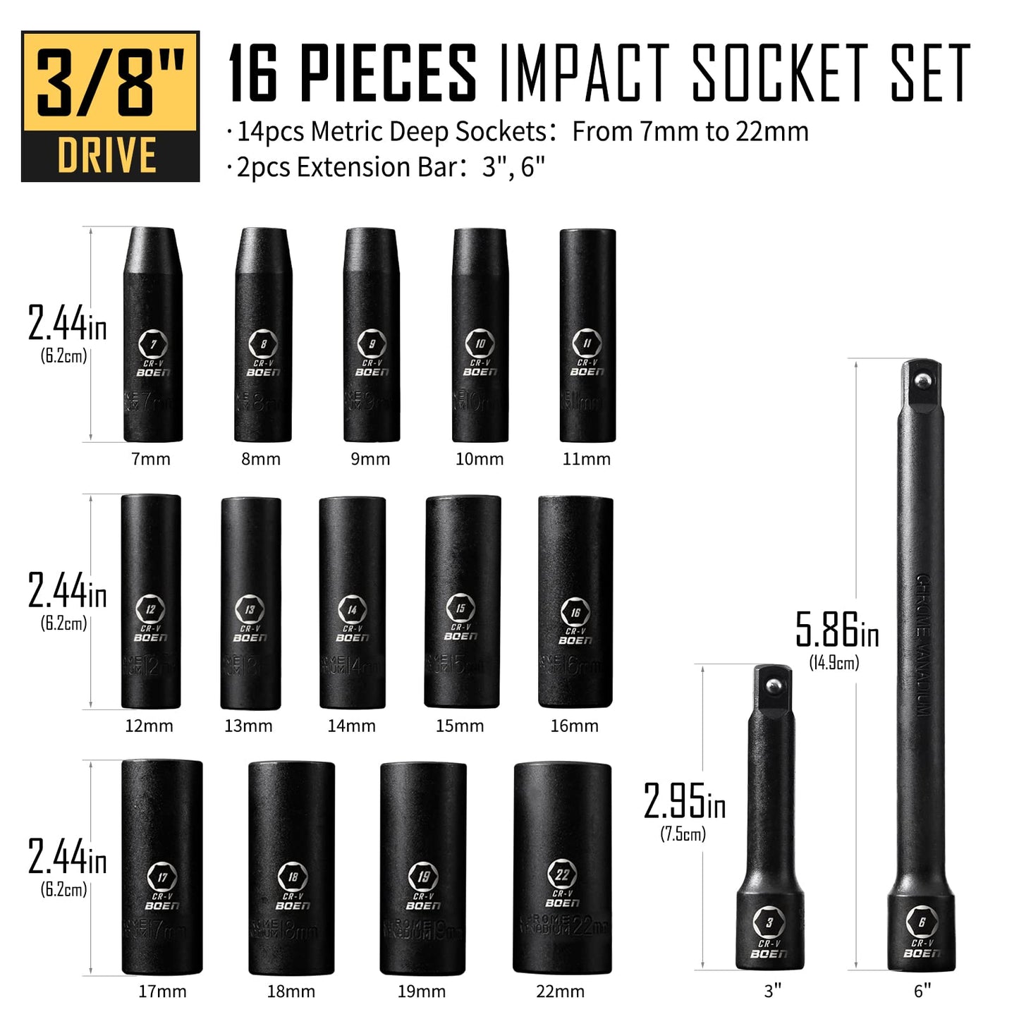 BOEN Tools 3/8" Drive Deep Impact Socket Set Metric - 16Pcs - BOEN