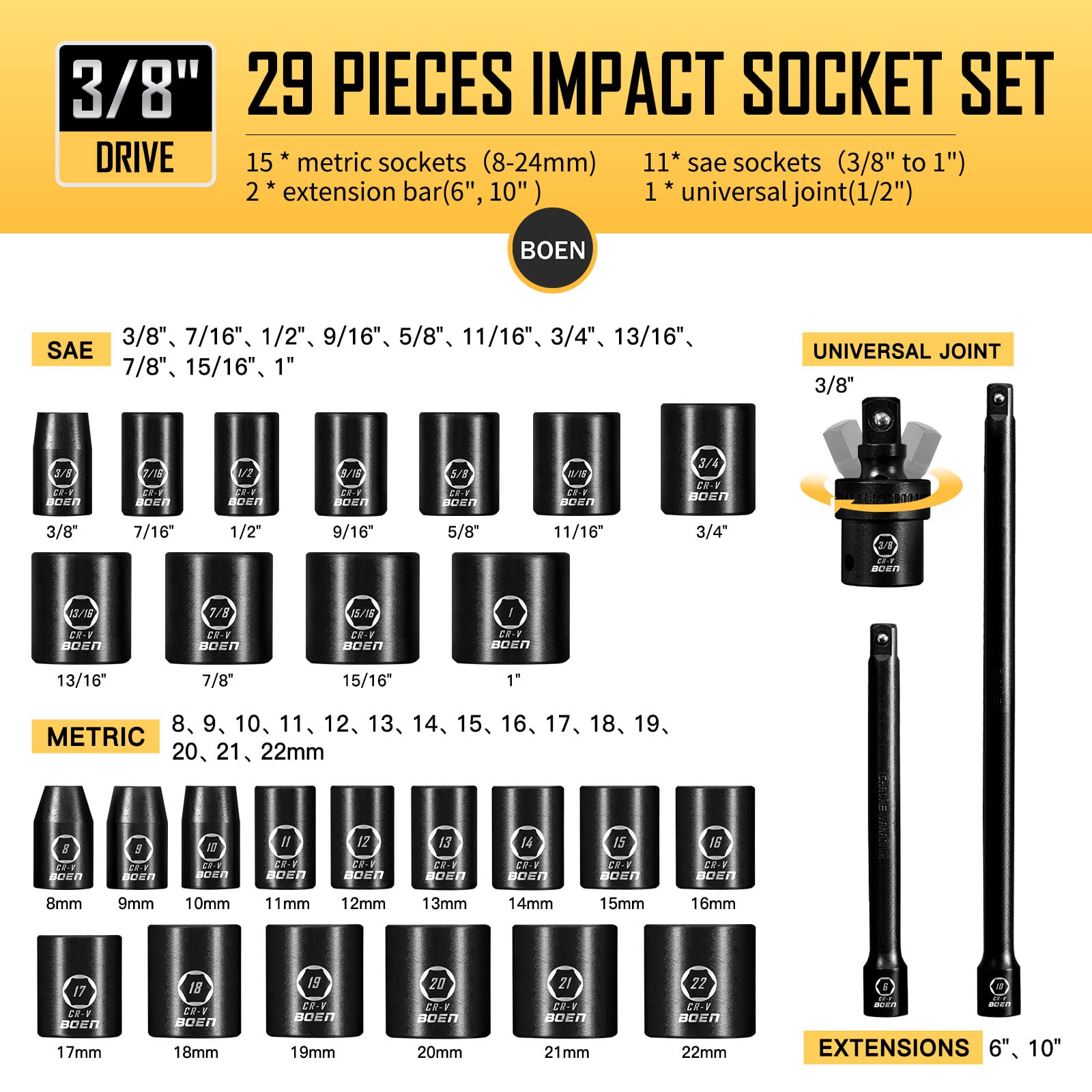 BOEN Tools 3/8" Shallow Impact Socket Set Sae And Metric-29Pcs - BOEN