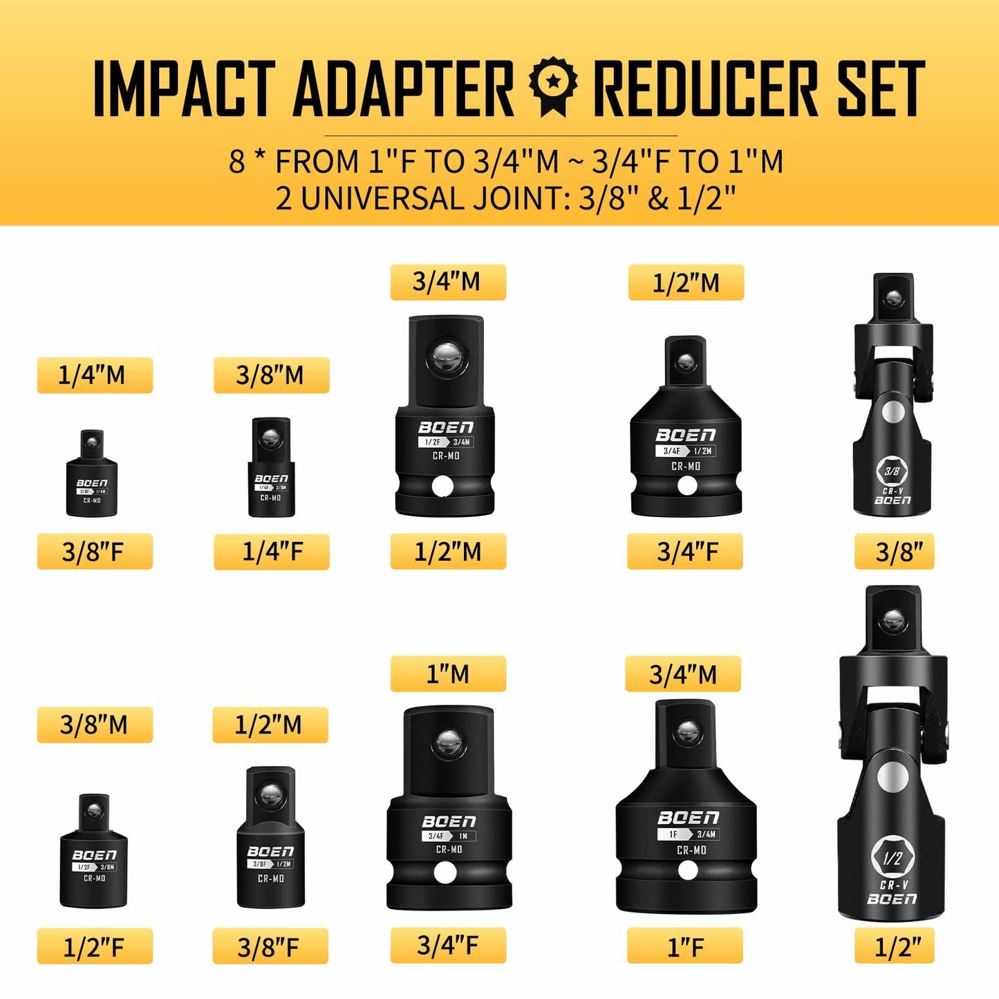 BOENTools 10pcs Standard Impact Socket Adapter/Reducer Set - BOEN