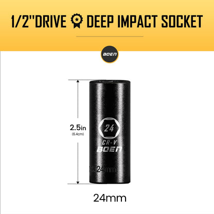 BOENTools 1/2" Drive 24mm CRV Deep Impact Sockets - BOEN